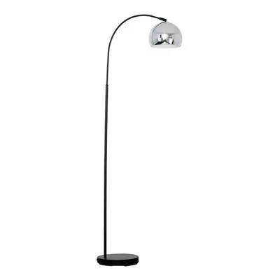 Designer Style Black Stem Floor Lamp with a Polished Chrome Arco Style Metal Dome Light Shade - 