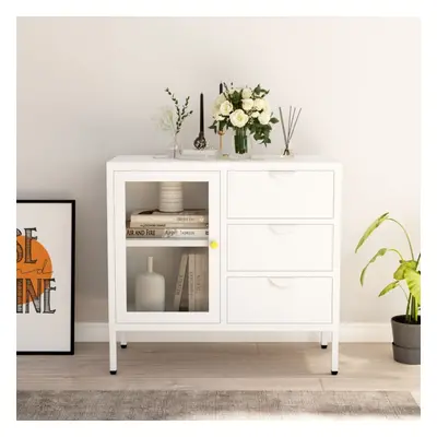 vidaXL Sideboard White Steel and Tempered Glass Storage Book Side Cabinet