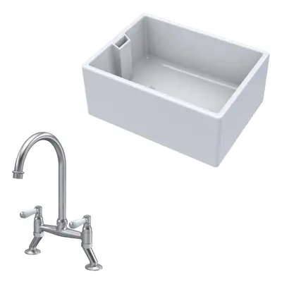 Fireclay Kitchen Bundle - Single Bowl Belfast Sink & Bridge Lever Mixer Tap, 615mm - Brushed Nic