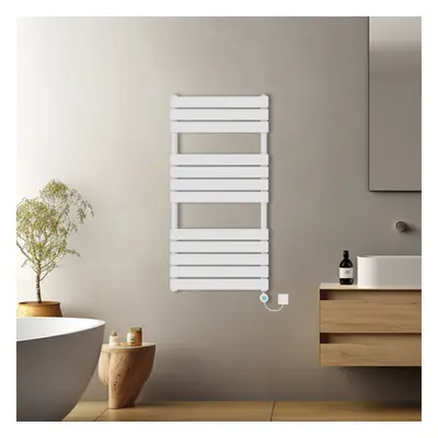 (White, 1200x600mm) Prefilled Electric Flat Panel Heated Towel Rail Radiator Thermostatic WIFI