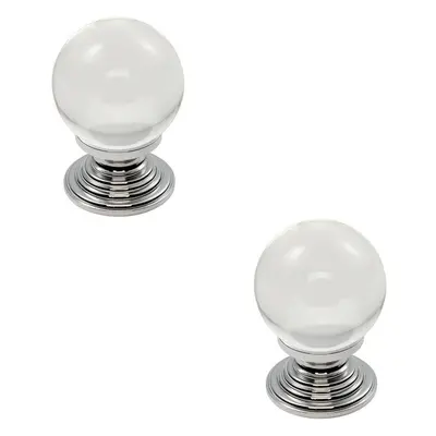 2x Crystal Ball Cupboard Door Knob 34mm Diameter Clear Translucent & Chrome