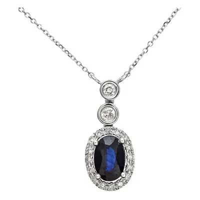 Jewelco London 9ct White Gold Round 8pts Diamond Oval 0.55ct Sapphire Cluster Pendant Necklace i