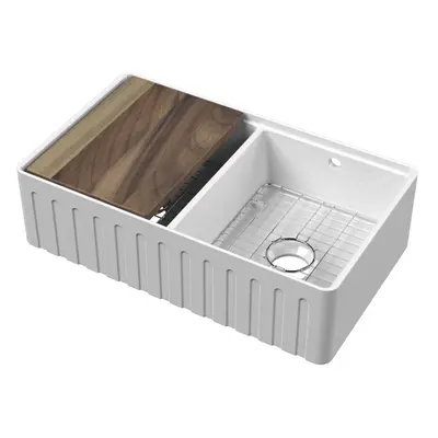 Fireclay Double Bowl Fluted Front Kitchen Sink with Thin Edge, Flush Weir and Overflows, Work St