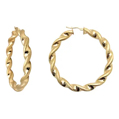 Jewelco London Ladies 9ct Yellow Gold Frosted Satin Chunky Twist 6mm Hoop Earrings 52mm - JER769