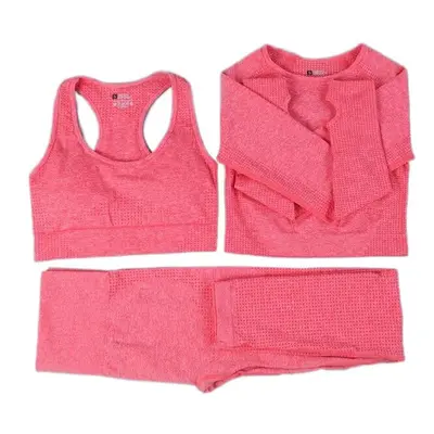 (Cherry Red, 3Pcs Set) Women Seamless Yoga Set Gym SportWear Running Outwork Fitness Long SLeeve