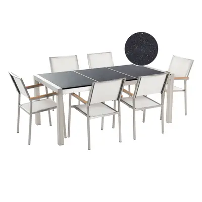 6 Seater Garden Dining Set Black Granite Triple Plate Top with White Chairs GROSSETO