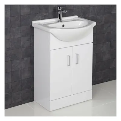 550mm Bathroom Vanity Unit & Basin Sink Gloss White Floorstanding Tap + Waste