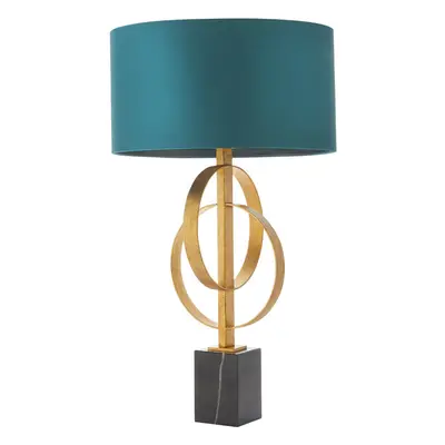 Antique Gold Table Lamp & Teal Satin Shade - Black Marble Base Desk Light