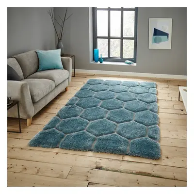 (150x230cm) Noble House Honeycomb Geometric Rugs NH30782 in Blue and Grey Textured 3D Effect Han