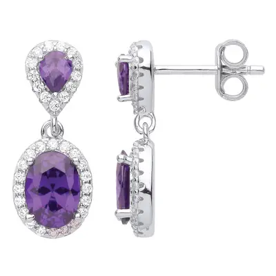 Jewelco London Ladies Rhodium Plated Sterling Silver Purple Oval Pear CZ Raindrop Cluster Drop E