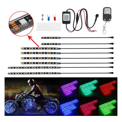 8PCS Motorcycle Bluetooth App LED Light Strip Kit Remote Control Flashing Lamp