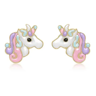 Jewelco London 9ct Yellow Gold Enamel Cute Cartoon Unicorn Stud Earrings 11mm - 1-55-8939