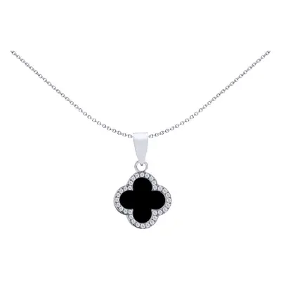 Jewelco London Rhodium Silver Black Clover Onyx & CZ Halo Lucky Charm Charm Pendant - APD233