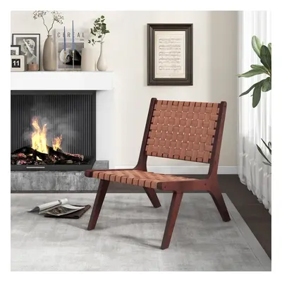 Woven Leather Accent Chair Modern Lounge Chair Armless Reading Side Chair