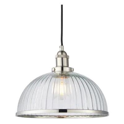 Hanging Ceiling Pendant Light Nickel & RIBBED GLASS Dome Bowl Lamp Shade Holder