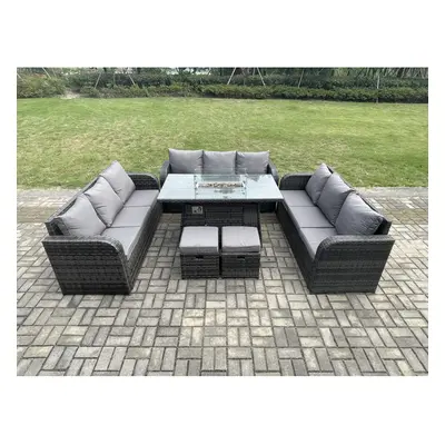 Fimous Rattan Furniture Garden Dining Set Gas Fire Pit Table With Lounge Sofa Small Footstools D