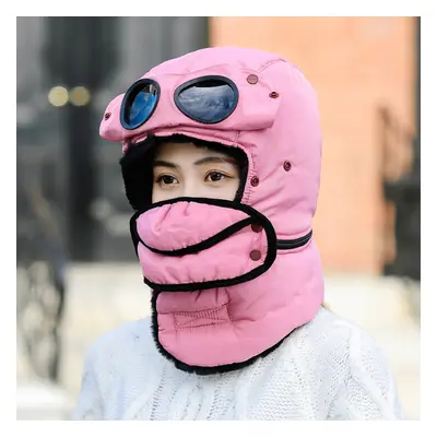 (Pink) Winter Bomber Hats With Face Mask Plush Earflap with Goggles Warmer Windproof Thicken