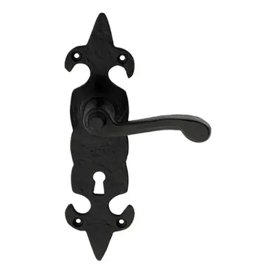 PAIR Forged Scroll Lever Handle on Lock Backplate x 57mm Black Antique