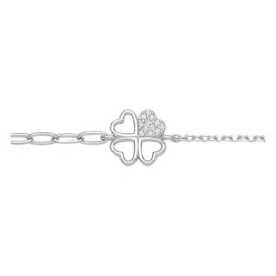 Jewelco London Ladies Rhodium Plated Sterling Silver CZ Love Heart Leaf Clover Rolo Charm Bracel