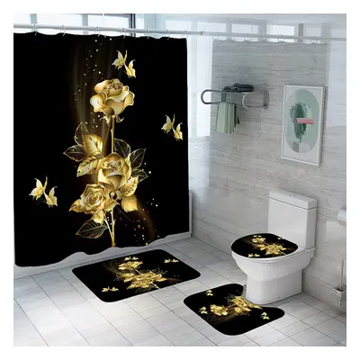 (D) 1/3/4PCS Gold Rose Butterfly Waterproof Shower Curtain Non-toxic Dustproof Toilet Seat Cushi