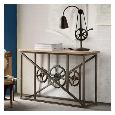 Industrial Console Hallway Table With Decorative Wheels Solid Wood Aged Metal