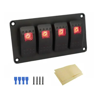 (Red) Gang Pin Rocker Switch Panel, Waterproof On-Off Backlit Toggle Switches 12V, Panel with LE