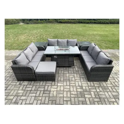 Fimous Rattan Furniture Garden Dining Set Gas Fire Pit Table With Side Tables Lounge Sofa Big Fo