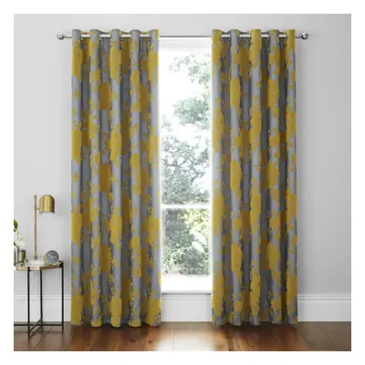 Catherine Lansfield Flock Velvet Rose Floral Lined Eyelet Curtains, Ochre, x Inch