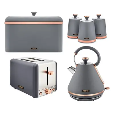 Tower Cavaletto Kettle Toaster Bread Bin & Canisters Grey & Rose Gold