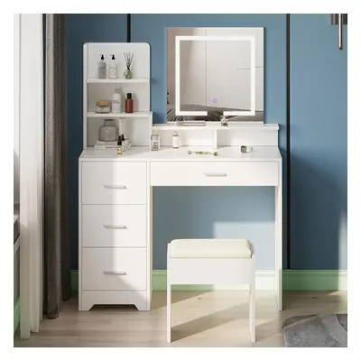 Dressing Table with Stool - Shelves and Drawers, Touch Screen Makeup Mirror with 3-Color Dimmabl