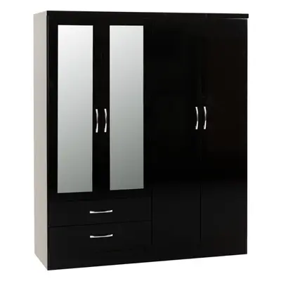 Nevada Door Drawer Mirrored Wardrobe in Black Gloss Finish