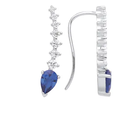 Jewelco London Ladies Rhodium Plated Sterling Silver Blue Pear CZ Torpedo Fishbone Drop Earrings