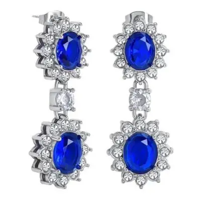 Jewelco London Rhodium Silver Blue Oval CZ Double Cluster Solitaire Drop Earrings - AES190