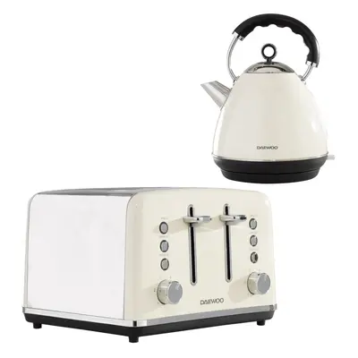 (Cream) Daewoo Kensington Retro Electric Matching Toaster and Kettle Set 1.7L Rapid Boil Slice V