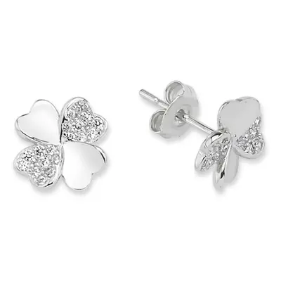 Jewelco London Ladies Sterling Silver Cubic Zirconia Love Heart Lucky 4-Leaf Clover Stud Earring