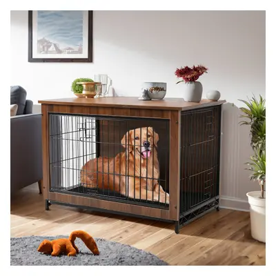 (L: 98*64*67cm) Brown Wooden Wire Dog Crate Pet Cage