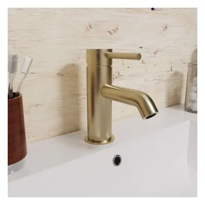 Modern Deck Mounted Brushed Brass Round Single Lever Basin Mono Mixer Tap