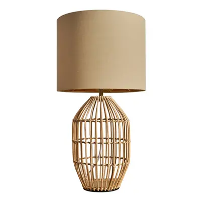 Contemporary Small Natural Rattan Cylinder Table Lamp with a Beige/Gold Cylinder Shade - Complet