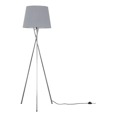 Modern Polished Chrome Metal Tripod Floor Lamp with a Grey Tapered Shade