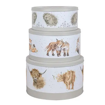 Wrendale Designs The Country Kitchen Collection Set of Nest Cake Tin in Hedgehog, Fox , Bull Des