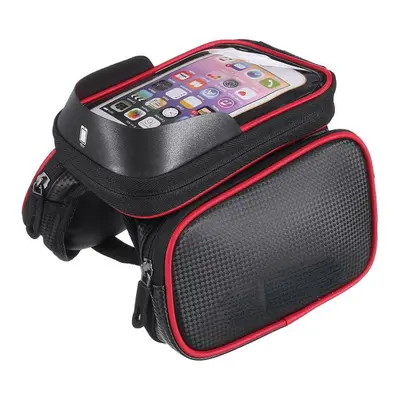 (Red) Mobile Phone Bicycle Front Bag Frame Case Tube Touch Screen Bilateral