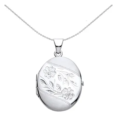 Jewelco London Ladies Rhodium Plated Sterling Silver Flower Leaves Engraved Ribbon Satin Oval Lo