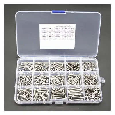 480pcs M2/M3/M4 Hex Socket Screws Set Cap Head Stainless Steel Screw Nuts Repair Tool