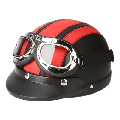 (Red) Motorcycle Scooter Open Face Half Leather Helmet with Visor UV Goggles Retro Vintage Style