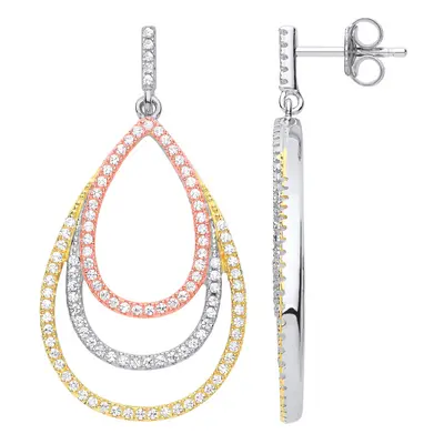 Jewelco London Ladies Rhodium Yellow & Rose Gold-Plated Sterling Silver Cubic Zirconia Triple Ti