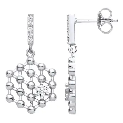 Jewelco London Ladies Rhodium Plated Sterling Silver CZ Molecular Model Structure Hexagon Drop E