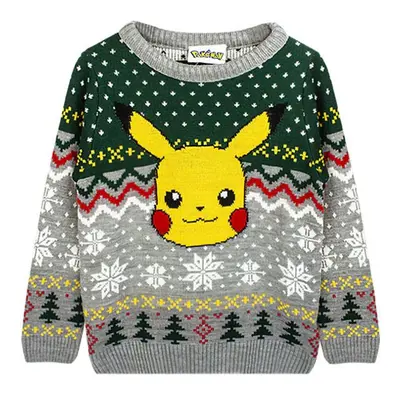 (9-10 Years, Grey/Green/Yellow) Pokemon Childrens/Kids Pikachu Christmas Jumper