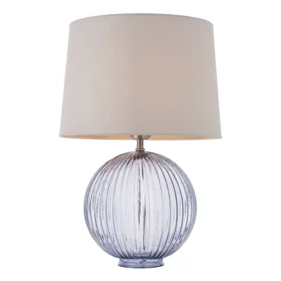 Table Lamp Smokey Grey Ribbed Glass & Natural Linen 40W E27 Bedside Light