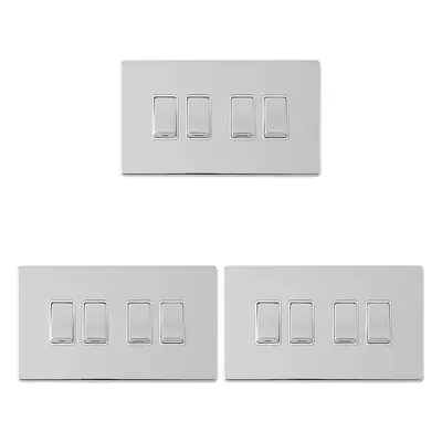 3 PACK Gang QUAD Light Switch SCREWLESS POLISHED CHROME Way 10A Rocker