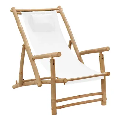 (cream white) vidaXL Deck Chair Bamboo and Canvas Patio Seat Outdoor Seating Garden Chair